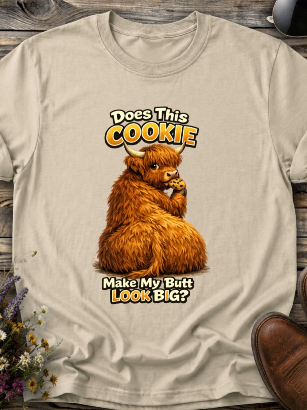 Highland Cow Big Butt Cookie Tshirt Graphic Tee Adult Fluffy Farm Funny